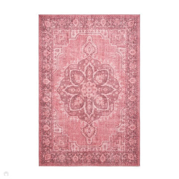 Washable Zahra S0063 Traditional Vintage Distressed Medallion Border Soft Textured Digitally Printed Lightweight Textured Polyester Flatweave Dusty Pink/Rosewood/Blush/Mauve/Ivory Rug-Think Rugs-Rug Love - The Most Loved Rug Store